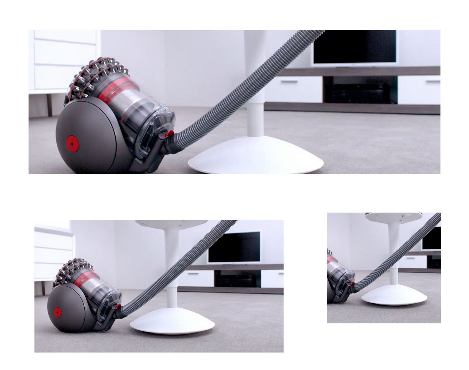 Dyson Big Ball Turbinehead vacuum hose cleaning around the base of a white stool.