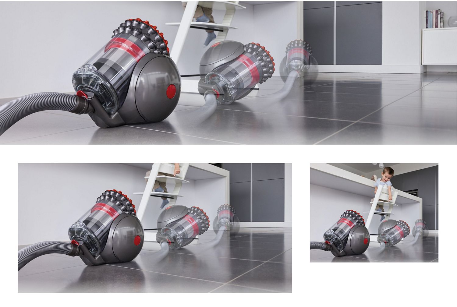 Dyson Big Ball vacuum showing self-righting technology in a kitchen setting.