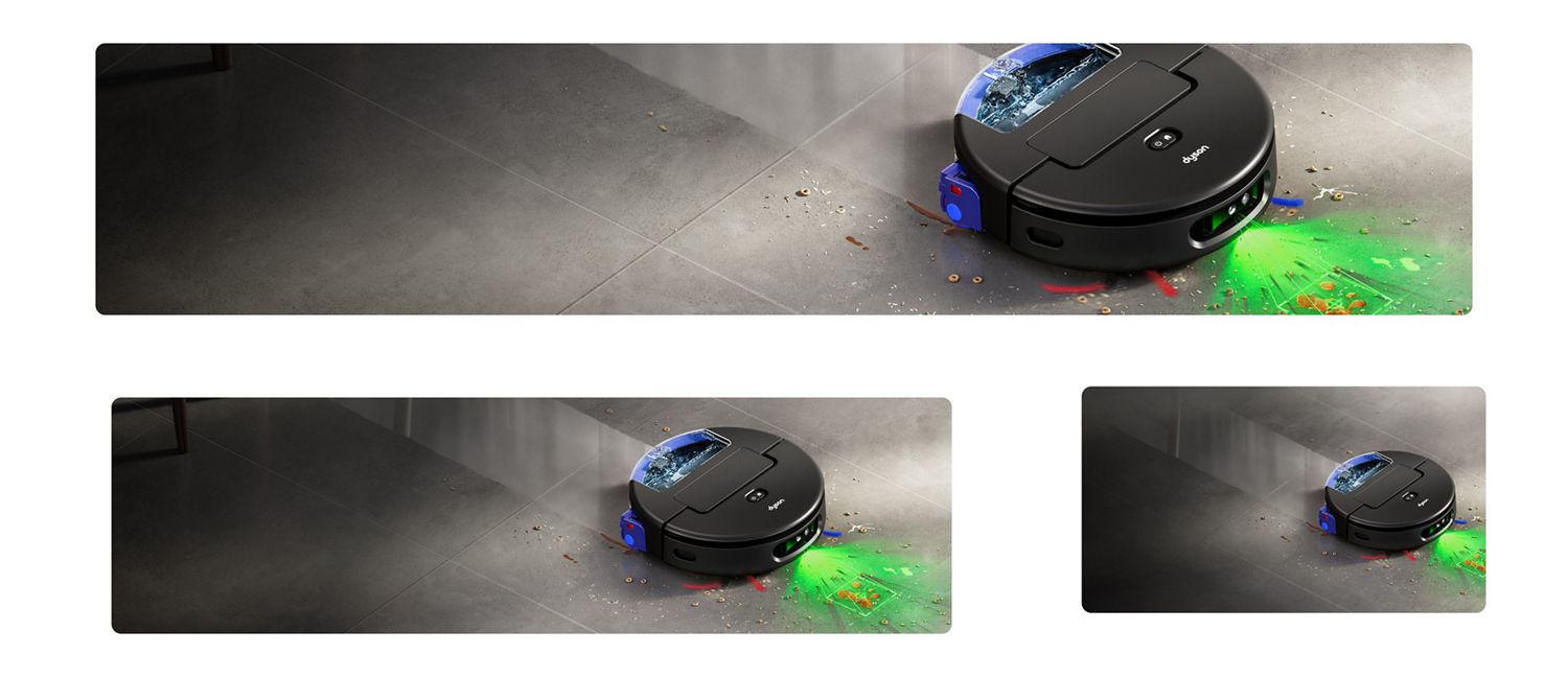 Dyson robot vacuum is cleaning a tiled floor, removing various small debris. It illuminates dust and debris.