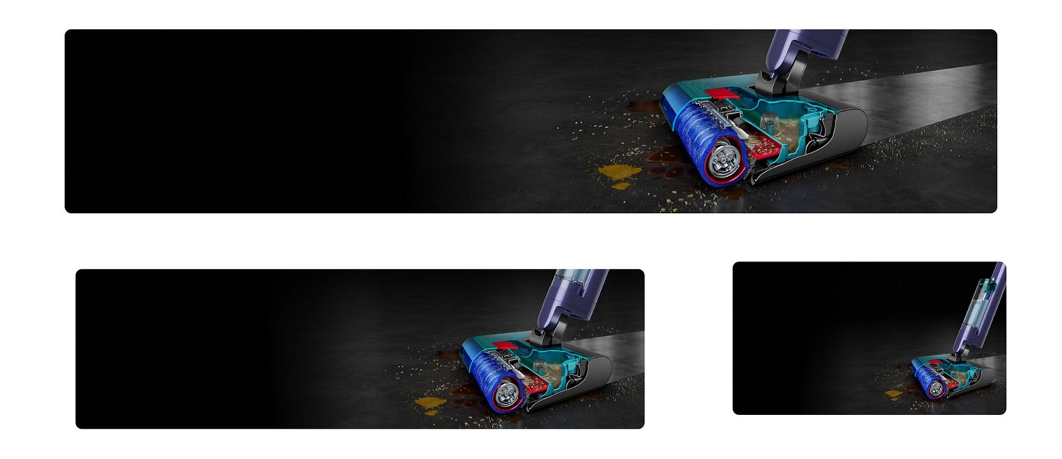 Dyson wet cleaner shown cleaning a mixture of wet and dry debris on a dark floor. 