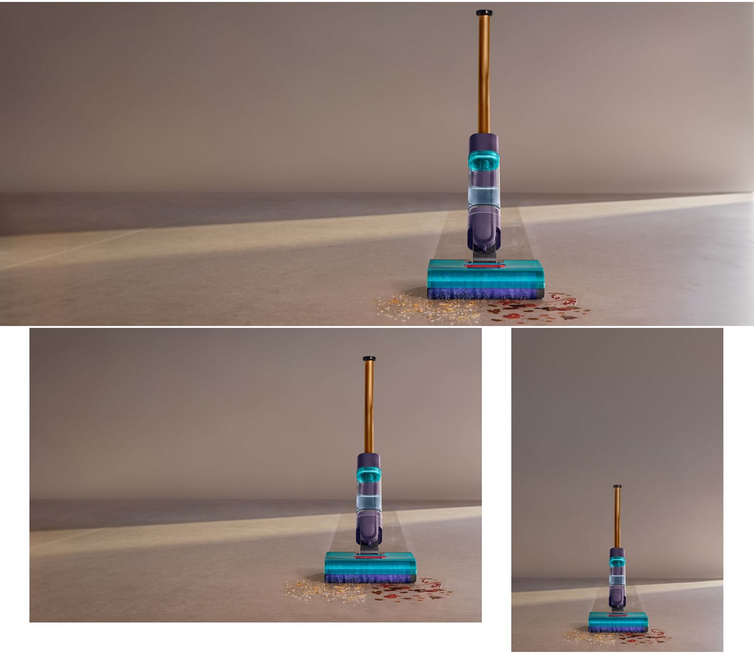 Front angle of the Dyson Clean+Wash Hygiene Hard Floor Cleaner cleans spill from a hard floor.