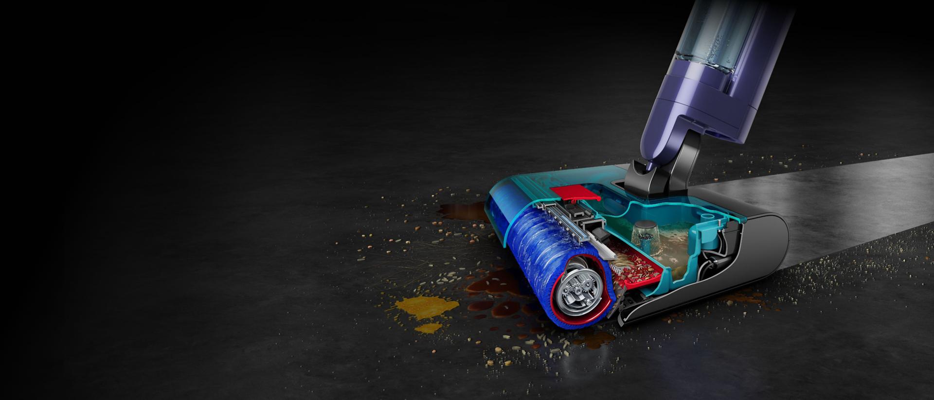 The Dyson Clean+Wash Hygiene hard floor cleaner cleans a tile floor without leaving streaks.