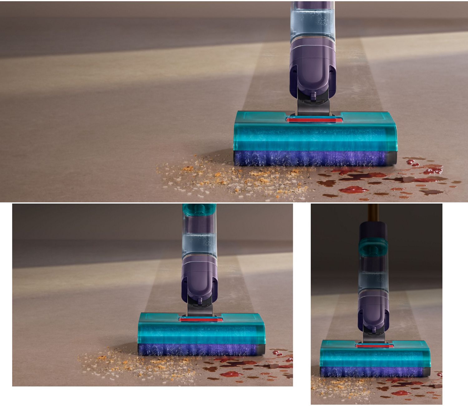 Der Dyson Clean+Wash Hygiene Hartbodenreiniger entfernt trockene Verschmutzungen und Flüssigkeiten von einem Hartboden.