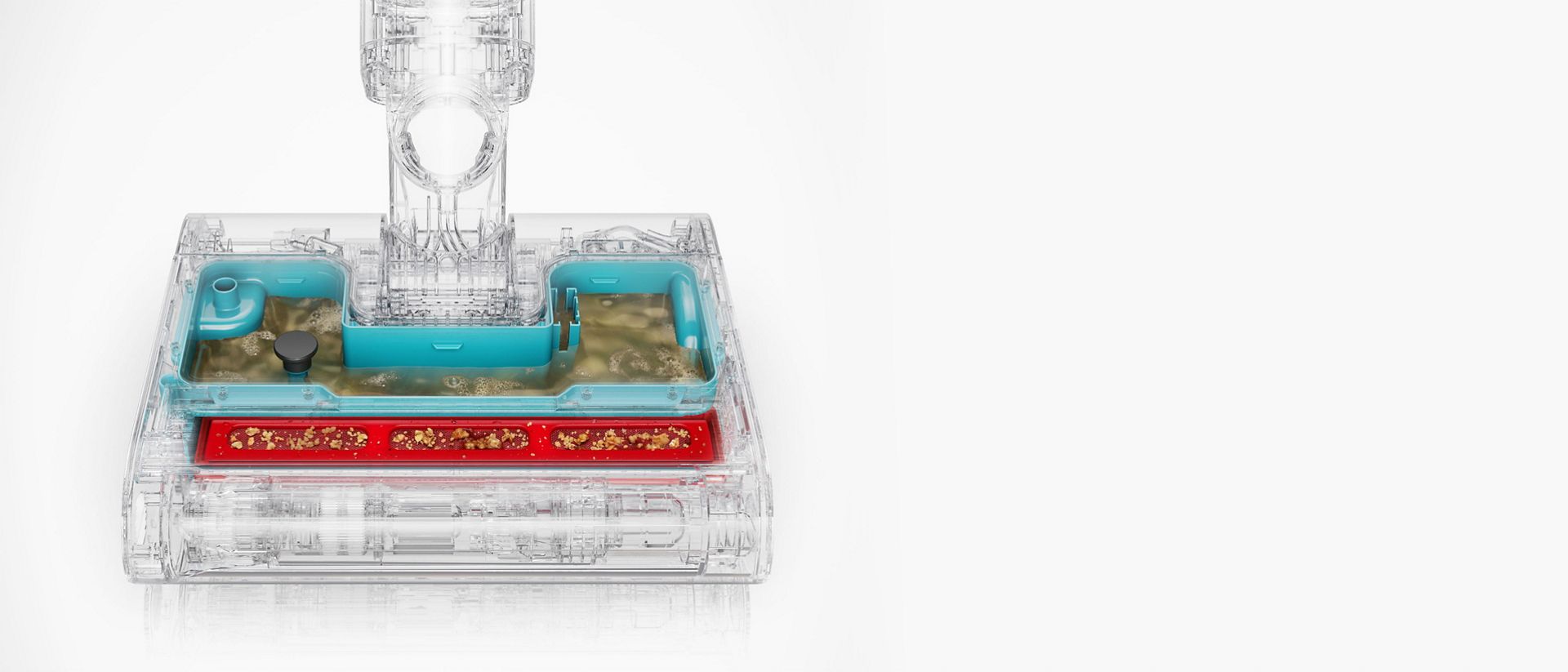 عرض مقطعي يوضح خزان الماء المتسخ في رأس جهاز تنظيف الأرضيات الصلبة Dyson Clean+Wash Hygiene.
