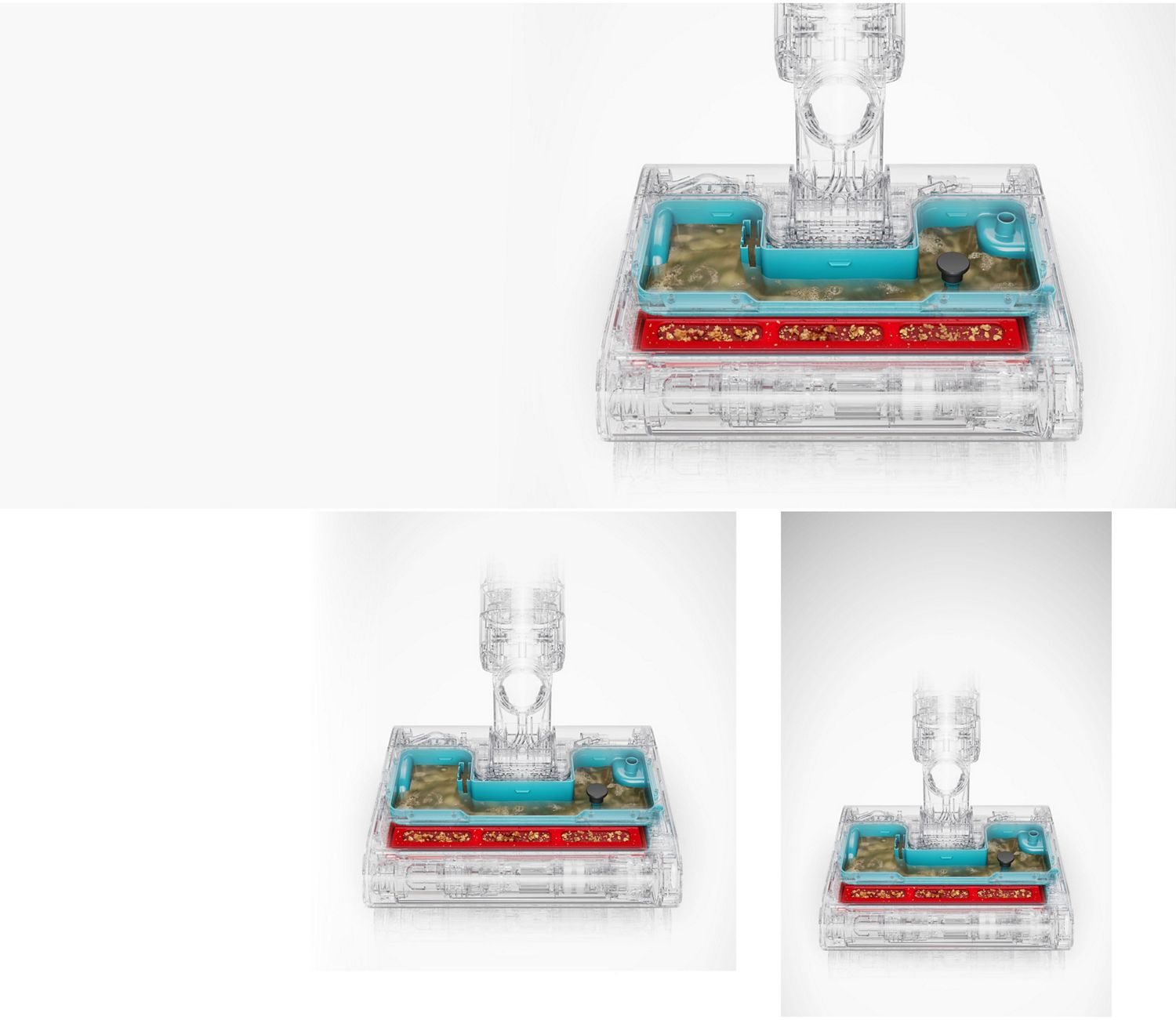 Eine Schnittdarstellung zeigt den Schmutzwassertank im Bodenaufsatz des Dyson Clean+Wash Hygiene Hartbodenreinigers.