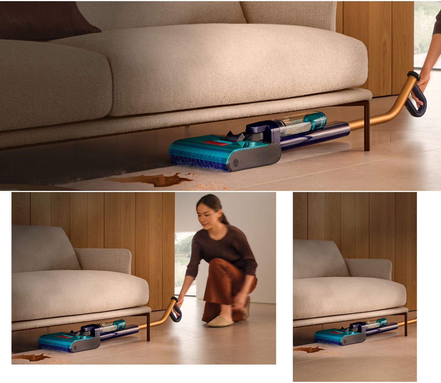 Der Dyson Clean+Wash Hygiene Hartbodenreiniger wird zur Reinigung unter einem niedrigen Sofa verwendet.