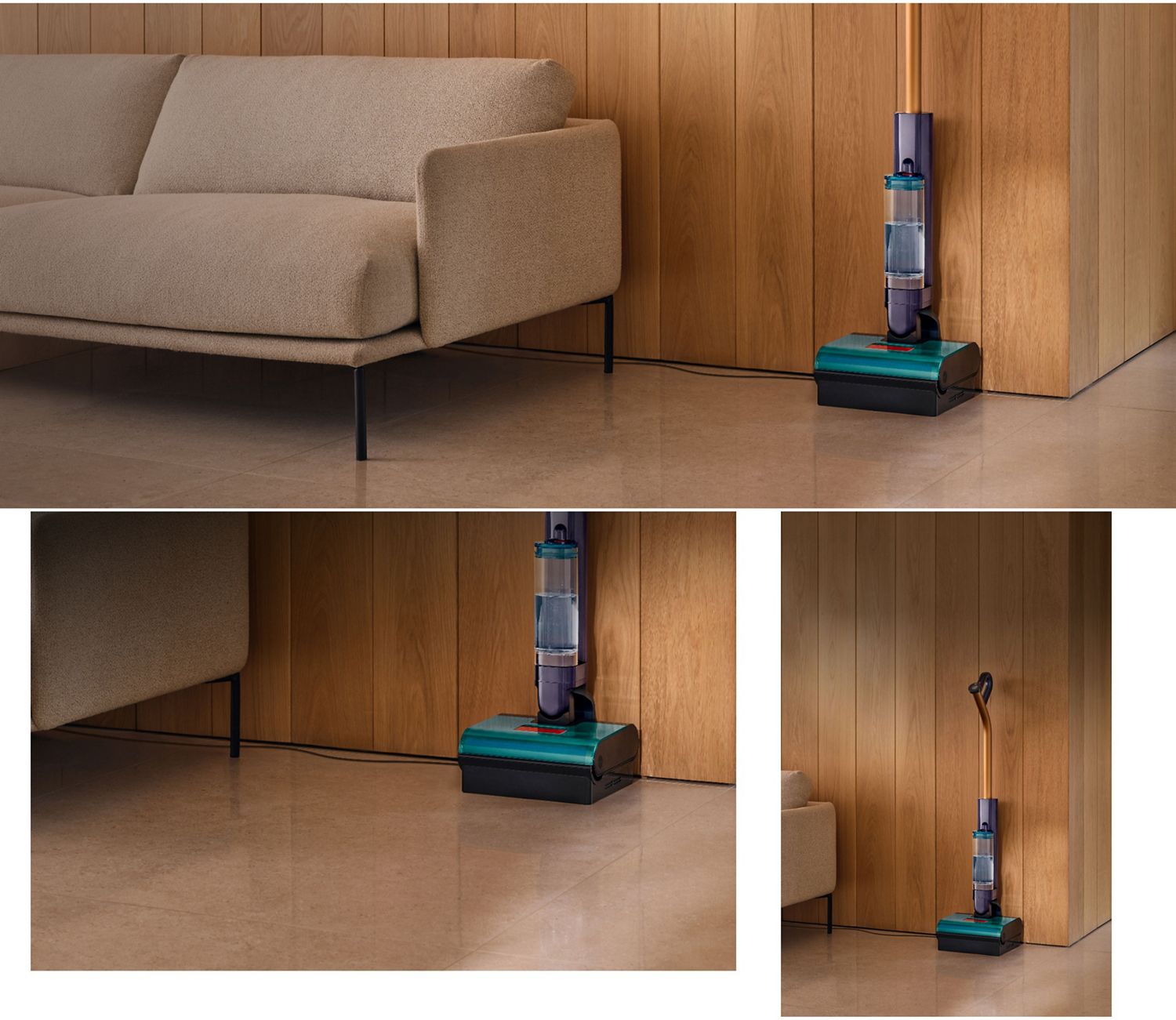 Der Dyson Clean+Wash Hygiene Hartbodenreiniger in einem Raum mit frisch gereinigten Hartböden.