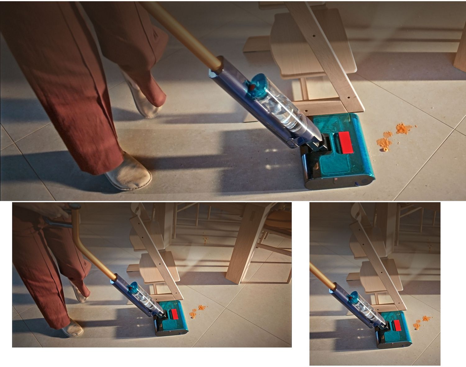 Il lavapavimenti Dyson Clean+Wash Hygiene che pulisce intorno a un tavolo.