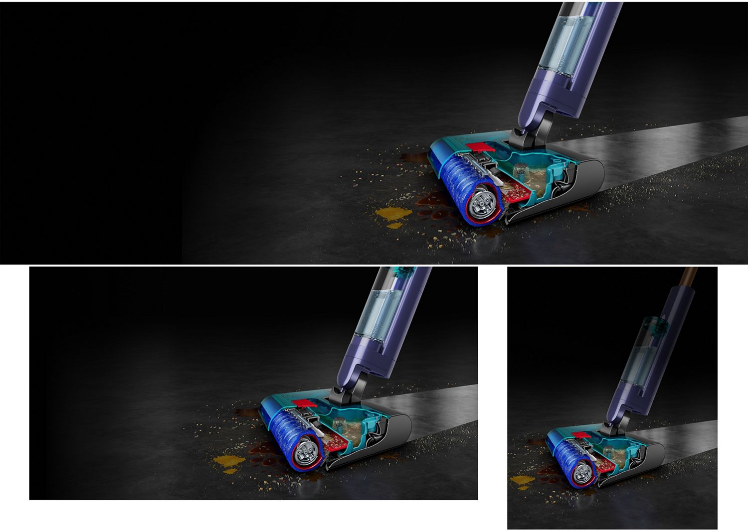 Der Dyson Clean+Wash Hygiene wird verwendet, um Flecken und verschüttete Flüssigkeiten von einem Fliesenboden zu entfernen.