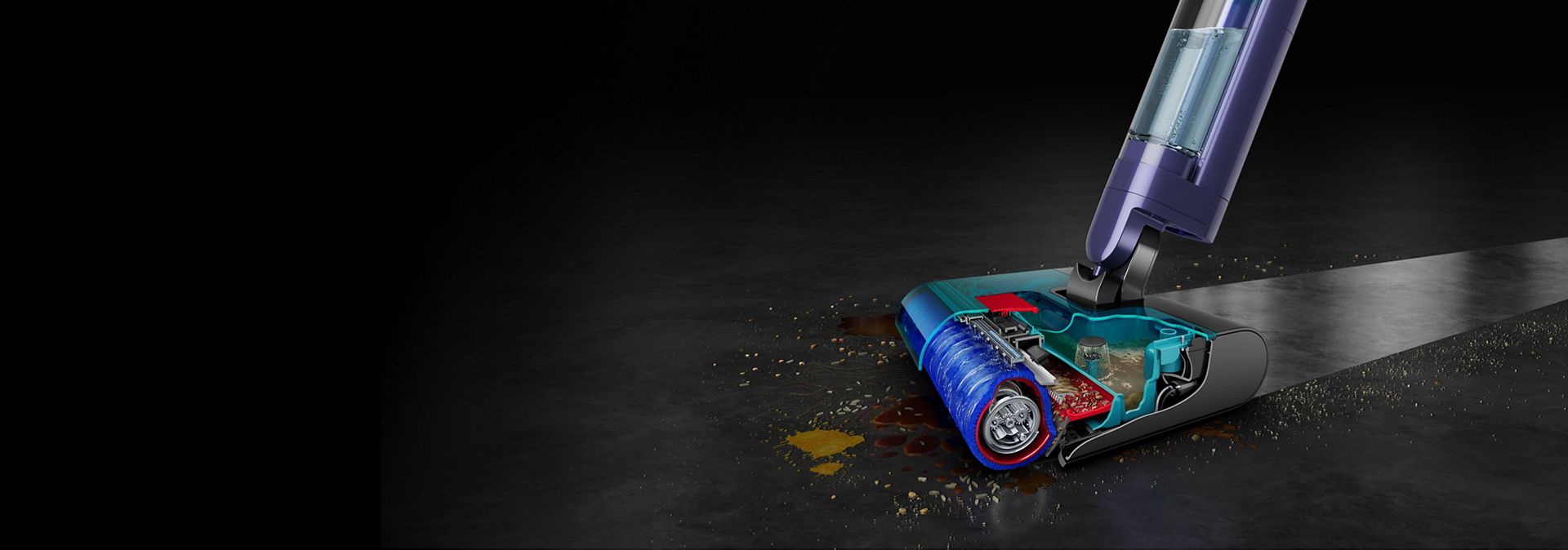 Wysokoobrotowy mop elektryczny Dyson Clean+Wash Hygiene w trakcie usuwania plam i rozlanych płynów z płytek ceramicznych.