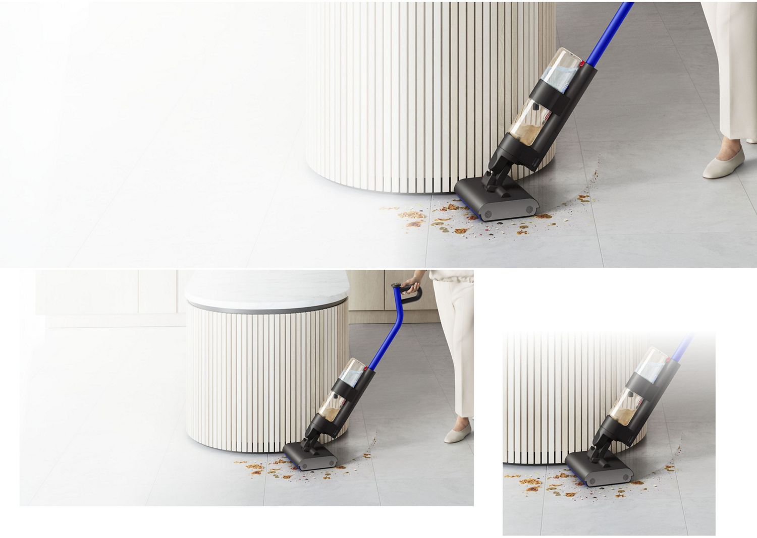 Der Dyson WashG1 Nassreiniger wird zur Reinigung um eine Kücheninsel herum verwendet.