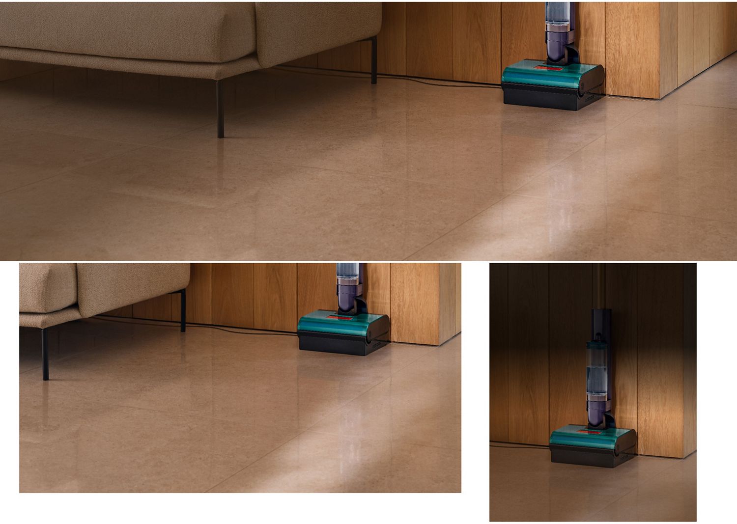 Der Dyson Clean+Wash Hygiene Hartbodenreiniger wird verwendet, um unter einem niedrigen Sofa zu reinigen.