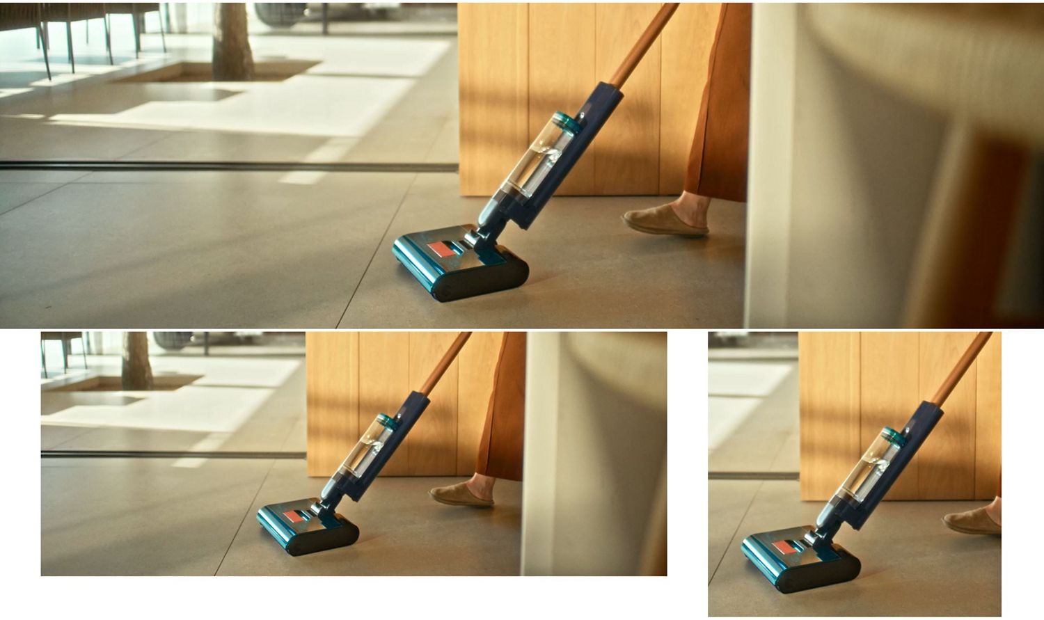Il lavapavimenti Dyson Clean+Wash Hygiene utilizzato per pulire il pavimento di una cucina.