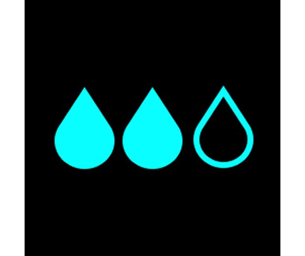 Ikona 2 plných kapek vody znázorňuje režim středního výkonu.