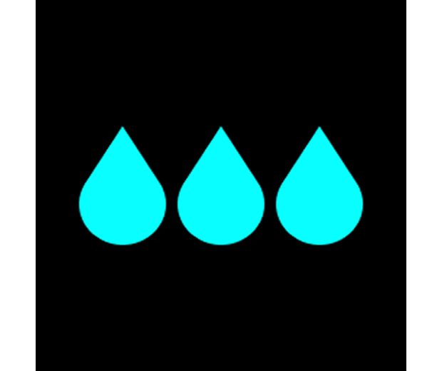 Ikona 3 plných kapek vody znázorňuje režim vysokého výkonu.