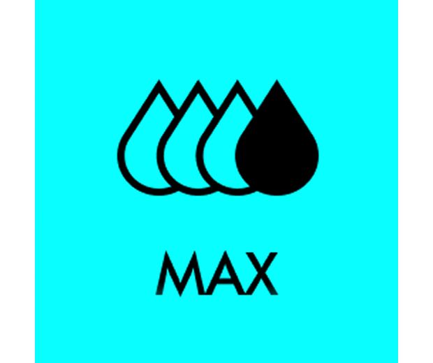 Ikona 4 plných kapek vody nad textem MAX znázorňuje režim maximálního výkonu.