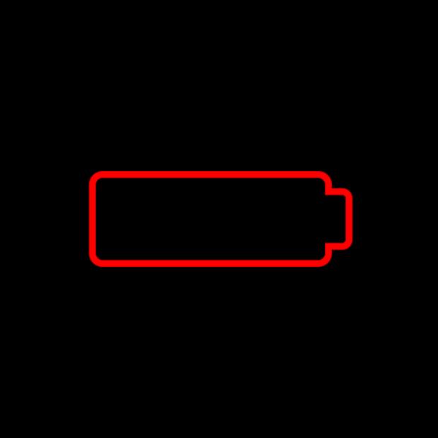 Ikona prázdné baterie s červeným obrysem.