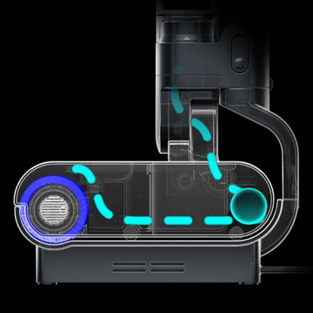 Boční pohled na podlahovou hubici s modrou grafikou znázorňující proudění vody.