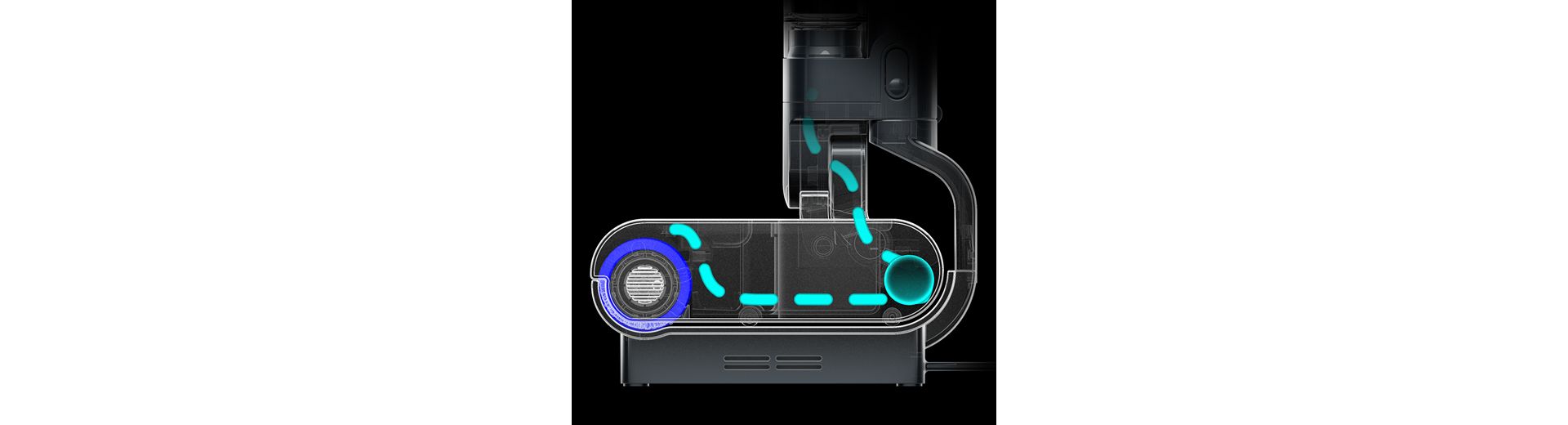 Tampilan samping kepala pembersih dengan grafis biru yang menunjukkan aliran air.