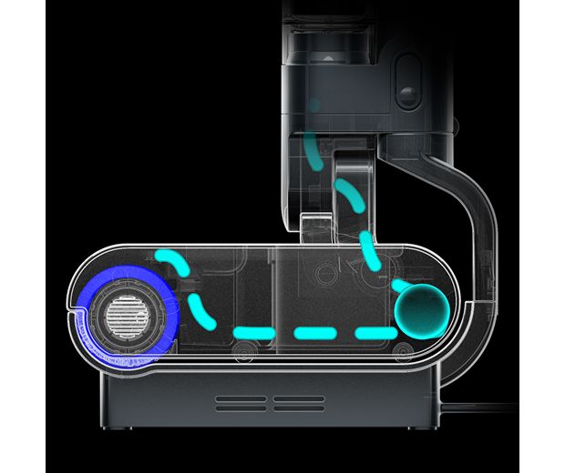 Boční pohled na podlahovou hubici s modrou grafikou znázorňující proudění vody.