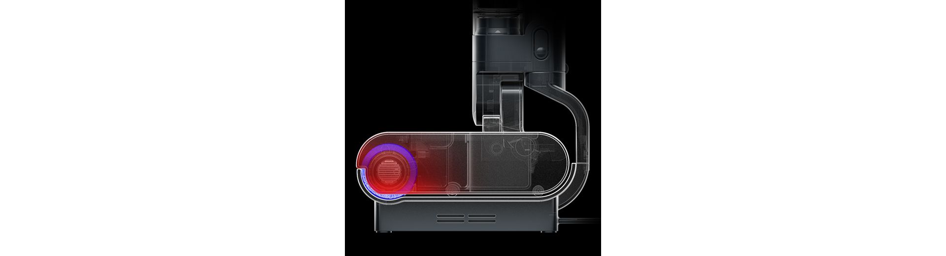 Tampilan samping kepala pembersih dengan grafis merah yang menunjukkan panas pada rol.