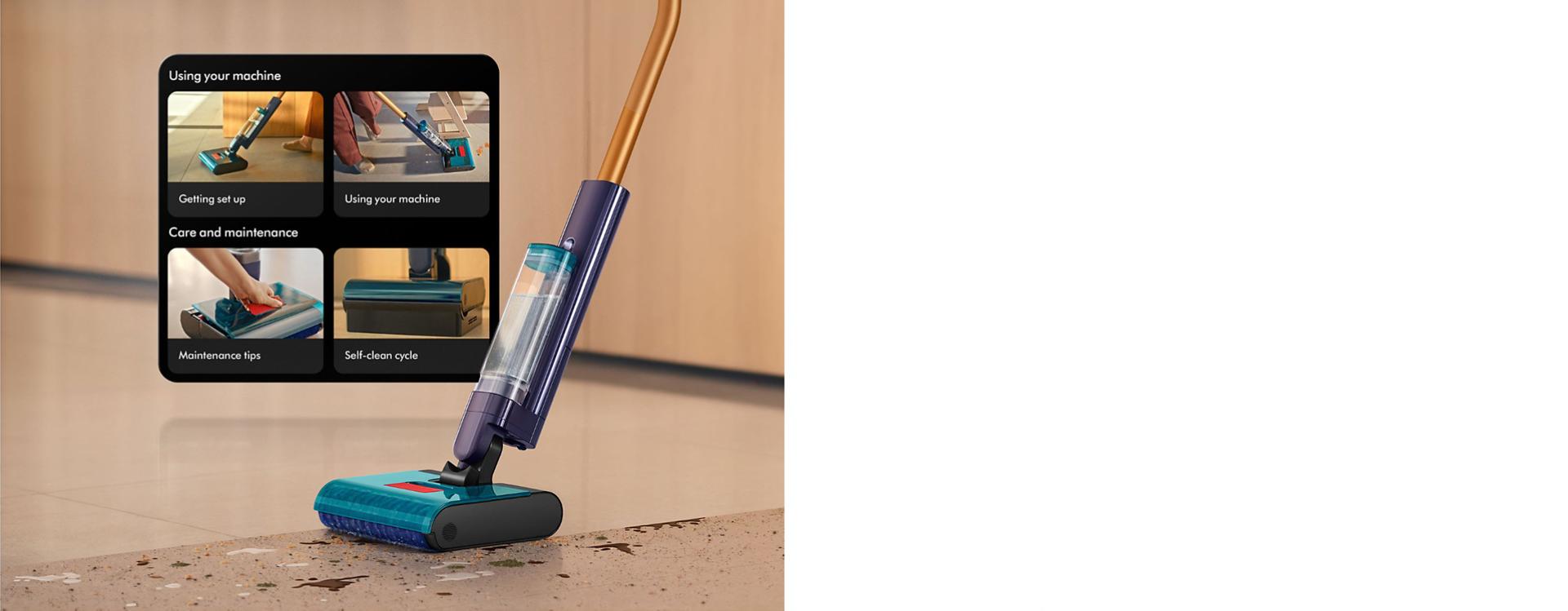 جهاز تنظيف الأرضيات الصلبة Dyson Clean+Wash Hygiene يغسل الأرضية، بجانب شاشة من تطبيق MyDyson.