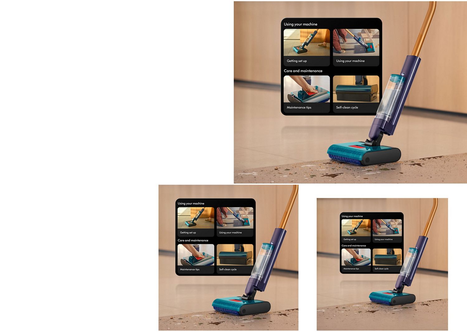 Il lavapavimenti Dyson Clean+Wash Hygiene che lava un pavimento, accanto a una schermata dell’app MyDyson.