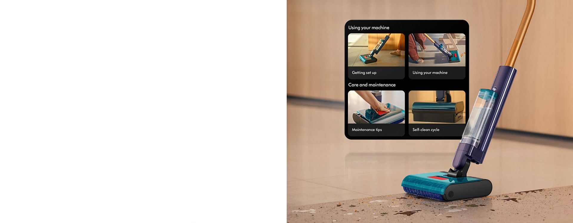 The Dyson Clean+Wash Hygiene hard floor cleaner washing a floor, next to a screen from the MyDyson app.