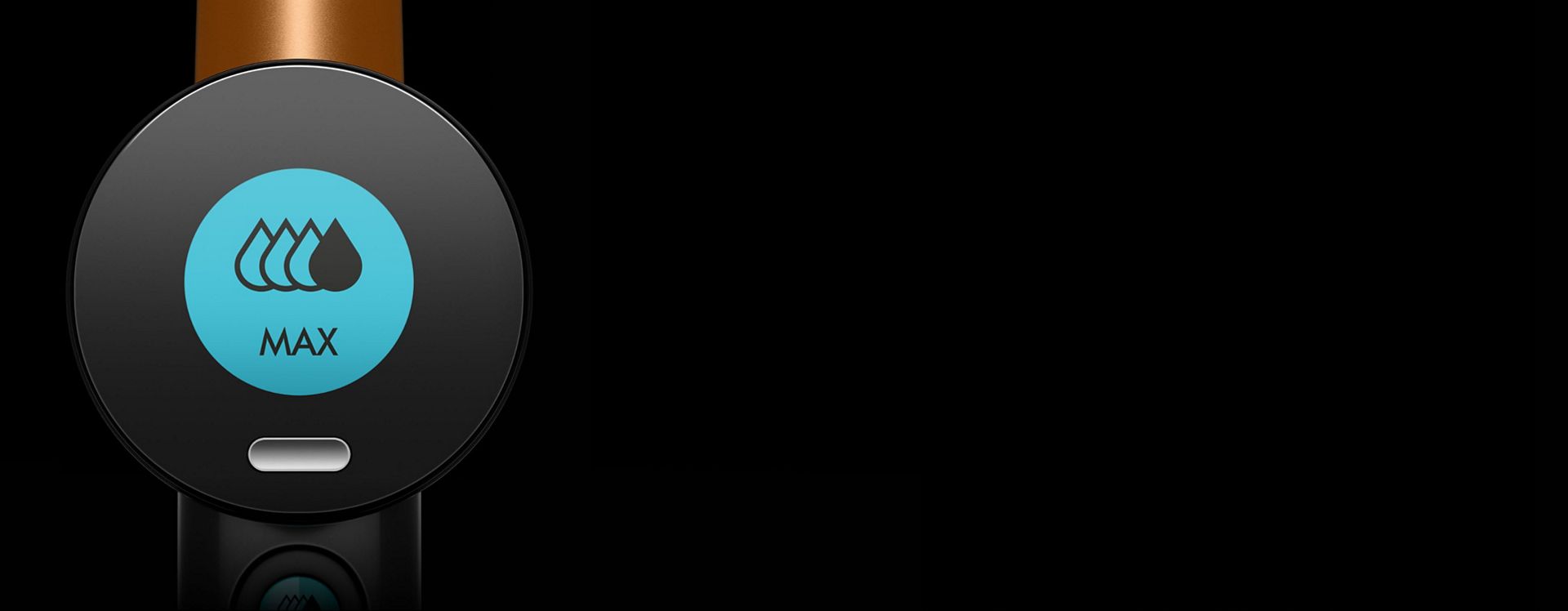 صورة قريبة لجهاز تنظيف الأرضيات الصلبة Dyson Clean+Wash Hygiene في وضع الإعداد الأقصى (Max).