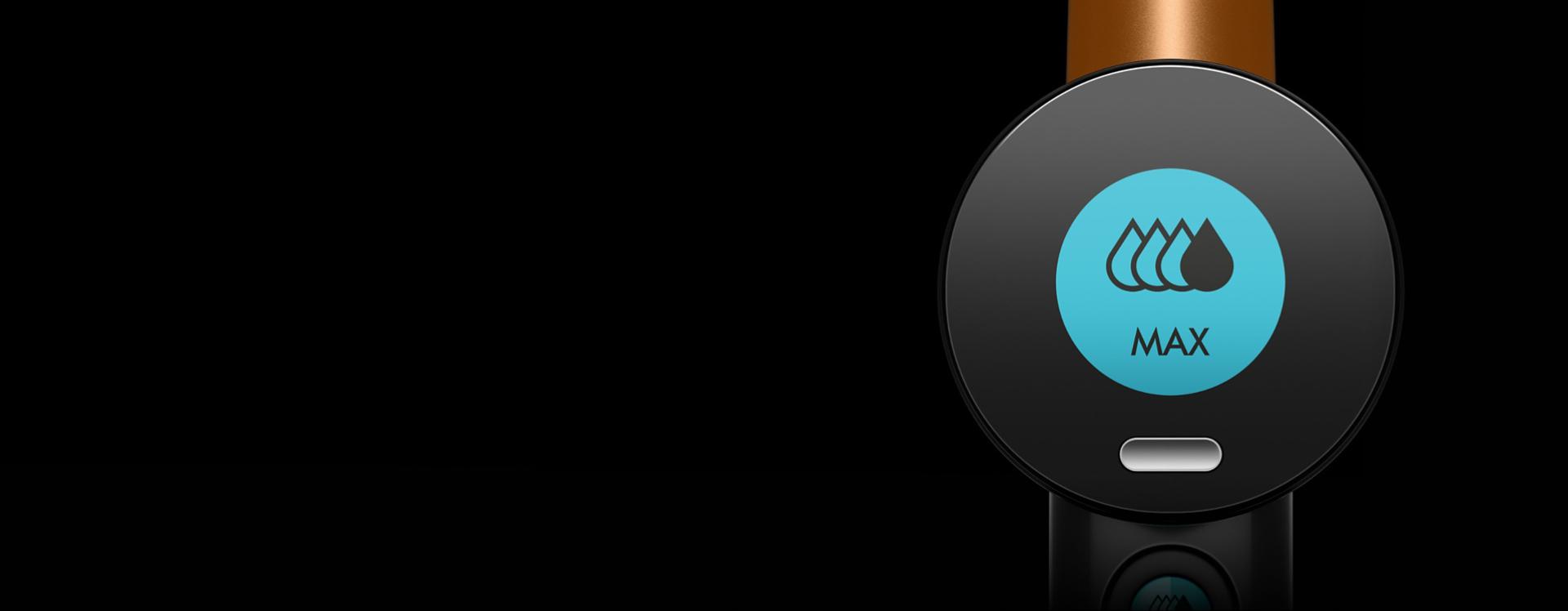 A close-up of the Dyson Clean+Wash Hygiene hard floor cleaner in Max mode.