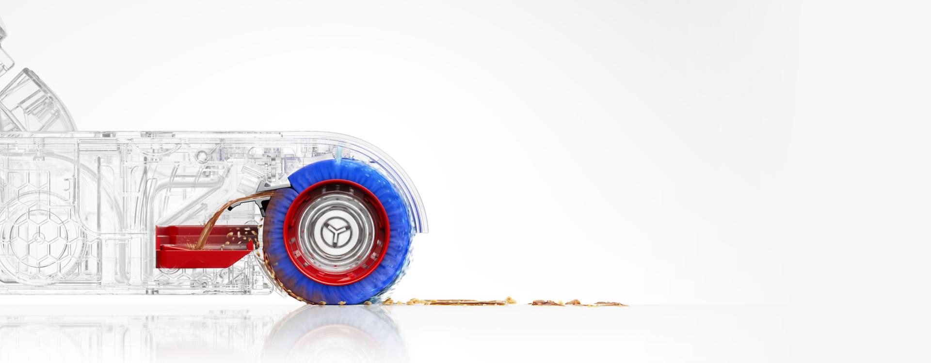 صورة مقطعية للأسطوانة ذاتية التنظيف الخاصة بجهاز تنظيف الأرضيات الصلبة Dyson Clean+Wash Hygiene.