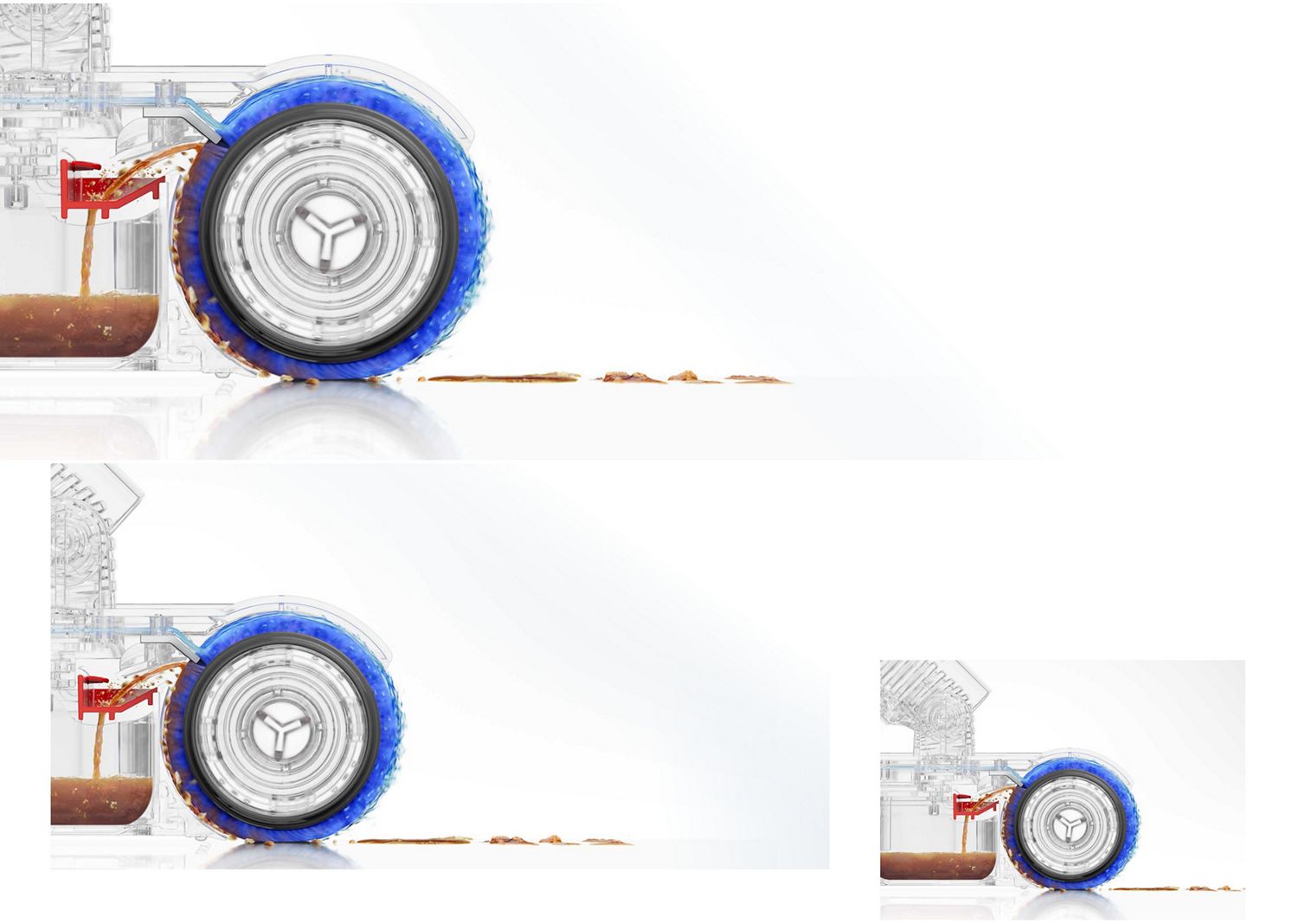 Schnittdarstellung, die zeigt, wie die Dyson PencilWash Nasswalze bei jeder Umdrehung mit sauberem Wasser gereinigt wird