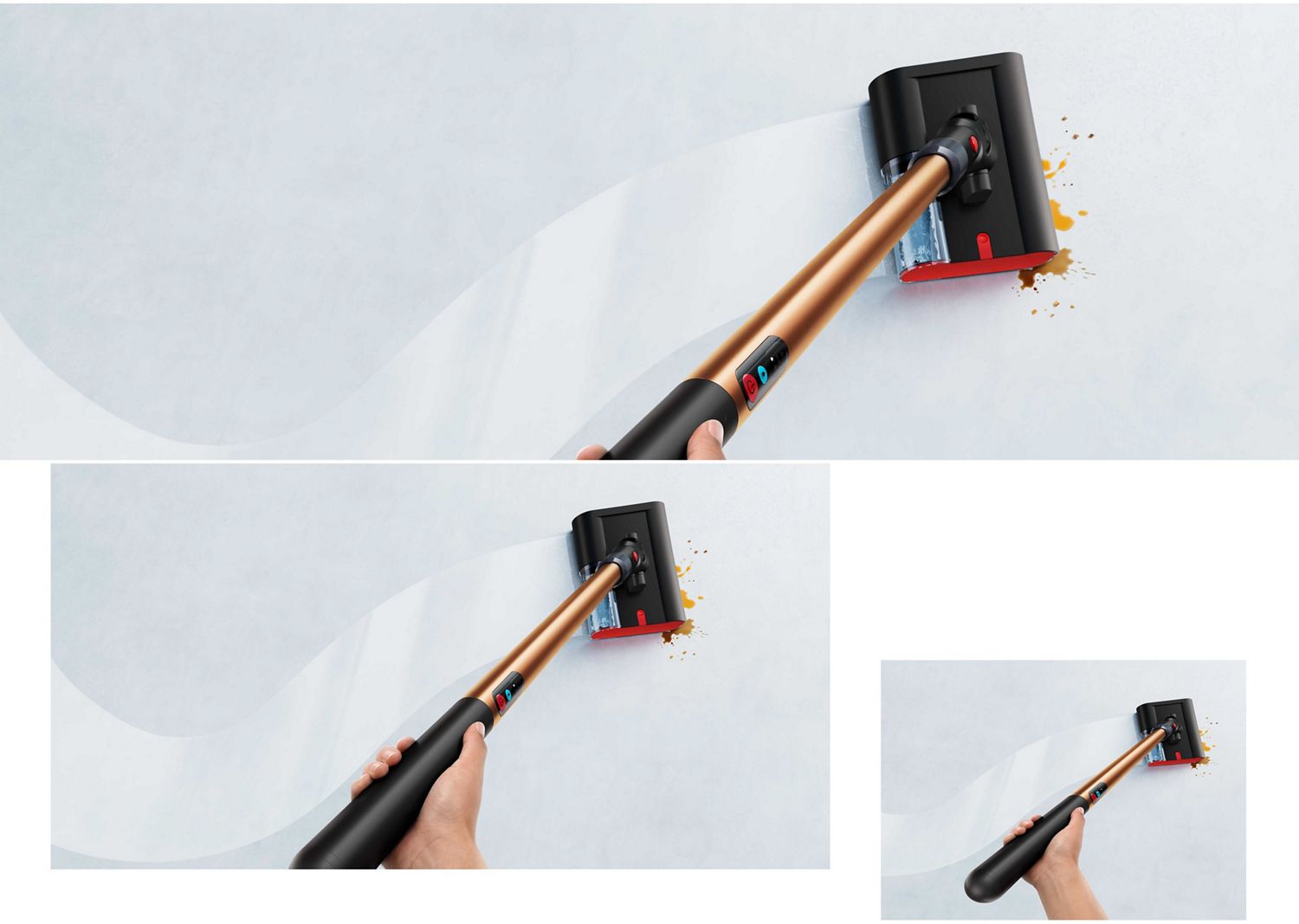 Der Dyson PencilWash Nassreiniger wird in einer Slalombewegung geführt.