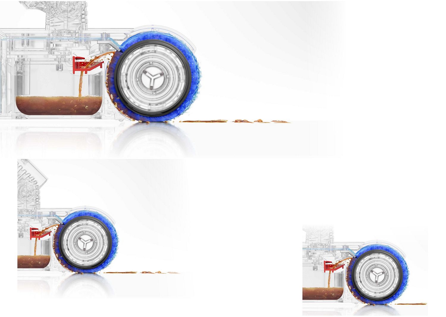 Vue en coupe montrant comment le rouleau humide Dyson PencilWash est lavé avec de l'eau propre à chaque rotation.