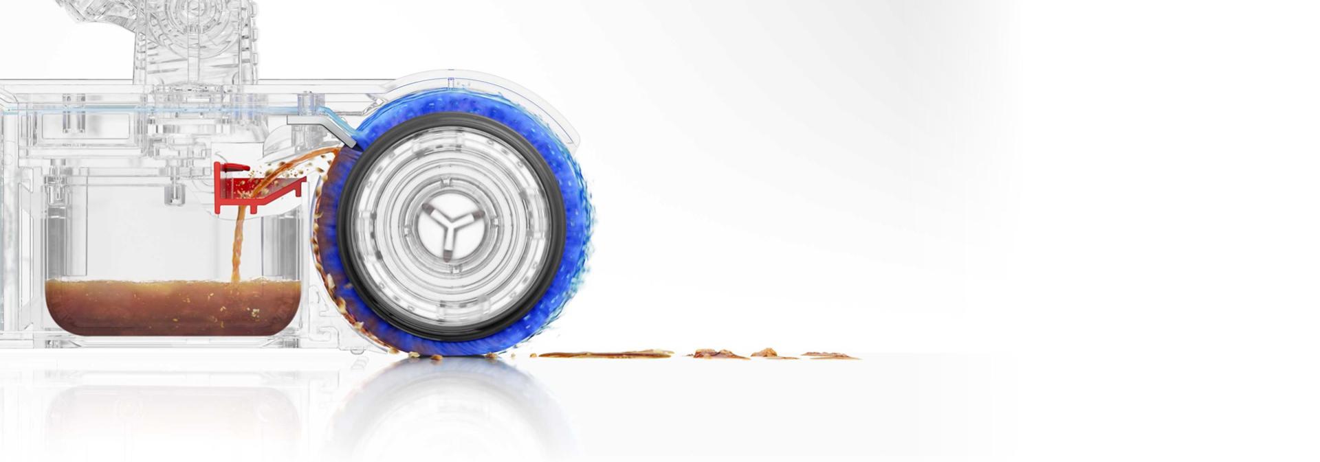 Az ábra bemutatja, hogyan mossa le a Dyson PencilWash a nedves görgőt tiszta vízzel minden fordulatnál.