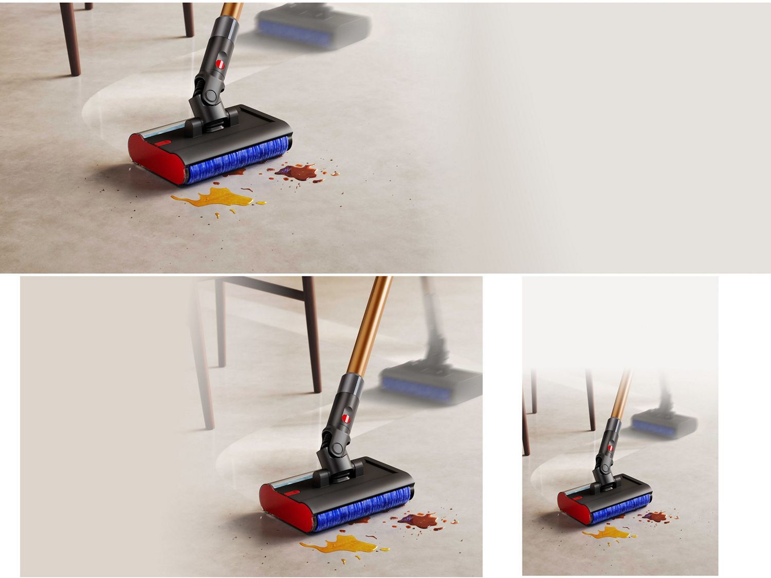 The Fluffycones cleaner head on the Dyson PencilVac vacuum cleans dust and debris from a floor.