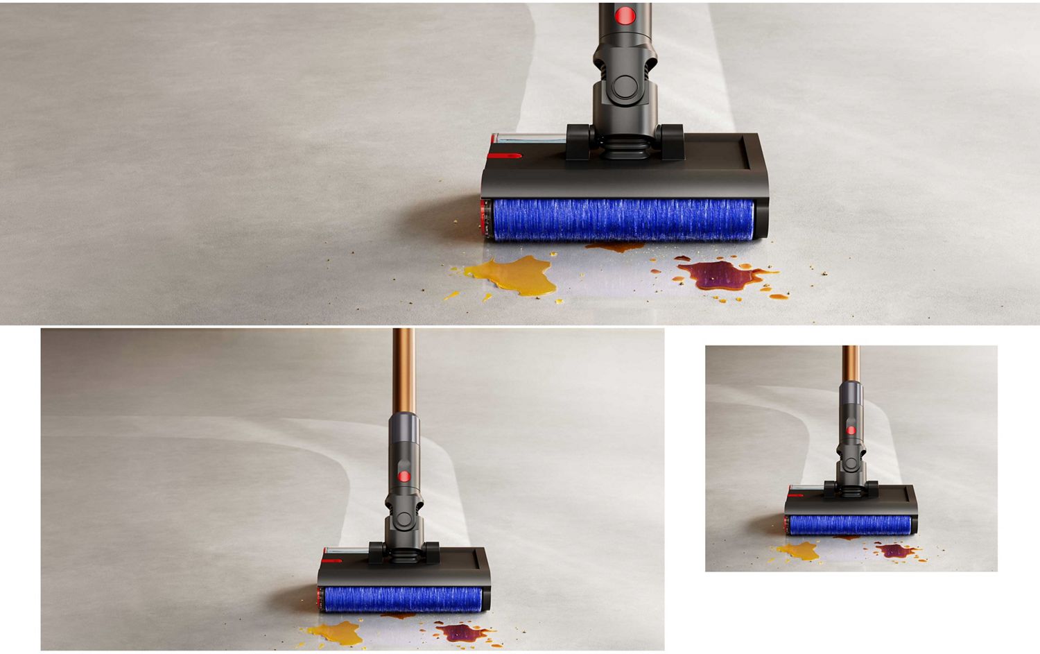 Nahaufnahme des Dyson PencilWash Reinigungskopfes beim Reinigen einer verschütteten Flüssigkeit