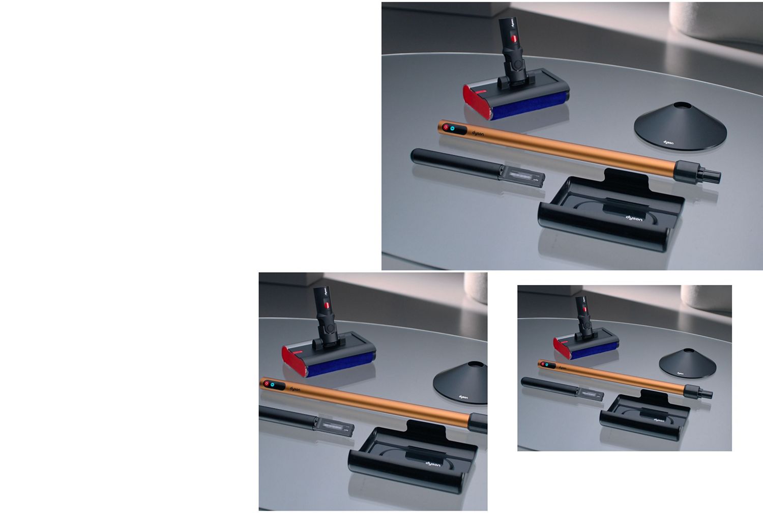 Dyson PencilWash -puhdistimen akku, varsi, suulake, latausteline ja tippa-alusta asetettuna pöydälle.
