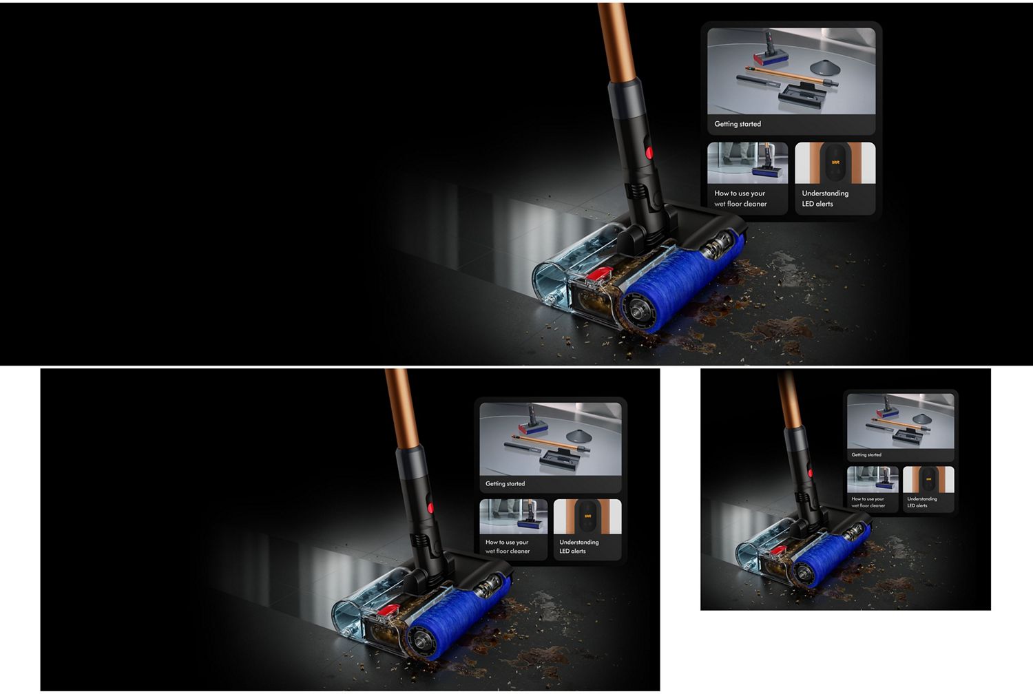 Le nettoyeur de sols  Dyson PencilWash devant un écran affichant l'application MyDyson.