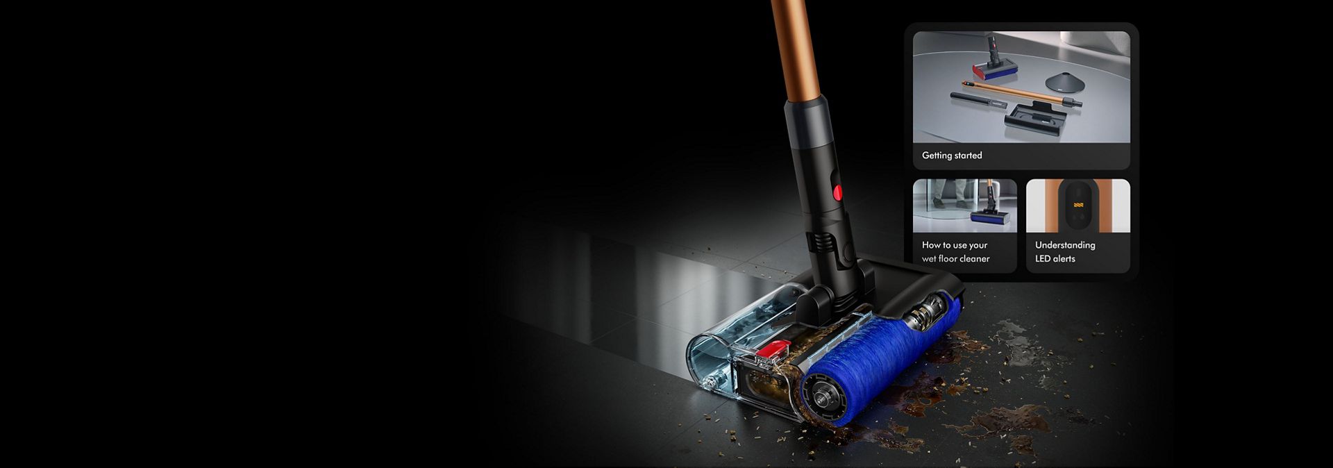 A Dyson PencilWash nedves padlótisztító egy képernyő előtt, amely a MyDyson alkalmazást mutatja.