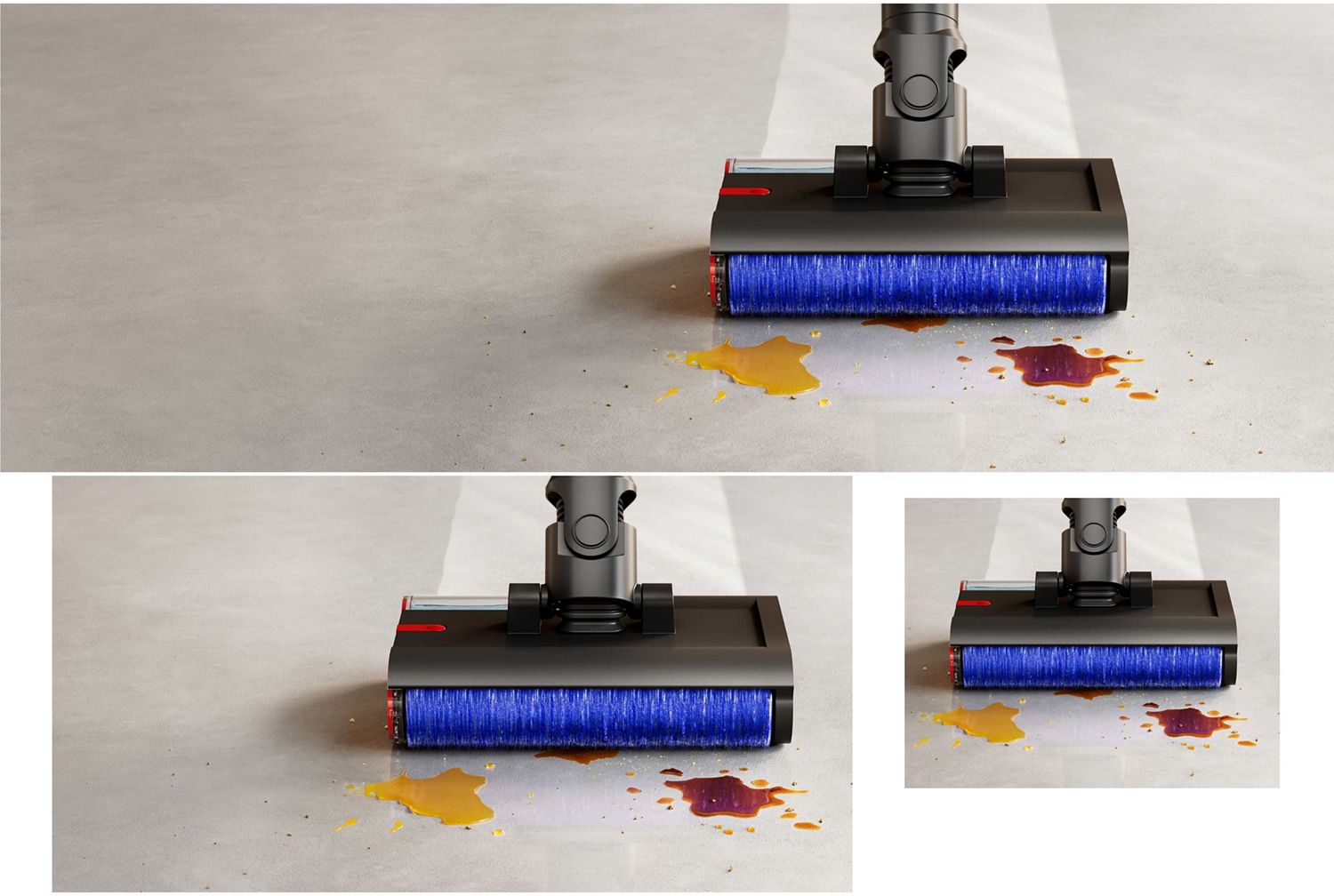 Gros plan sur la brosse du nettoyeur de sols Dyson PencilWash en train de nettoyer un déversement.