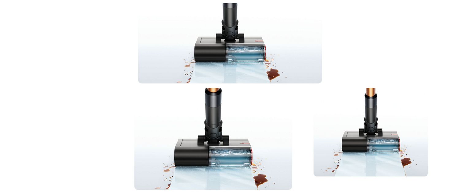 Wet roller head removing stains from a floor within focus on the water tank.