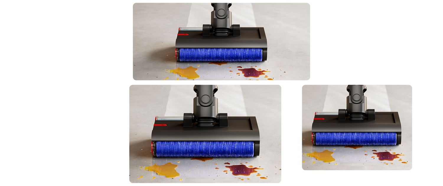 Wet roller head removing stains from a floor