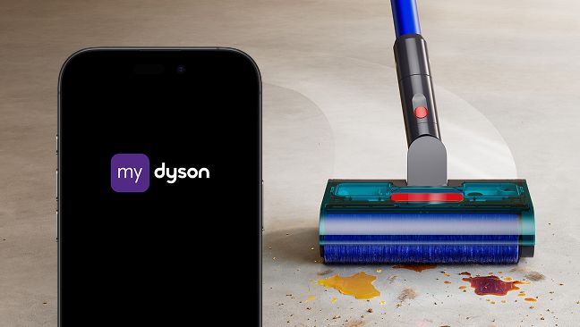 Dyson W1 PencilWash cleaner next to a phone showing the MyDyson app. Dyson W1 PencilWash cleaner next to a phone showing the MyDyson app.