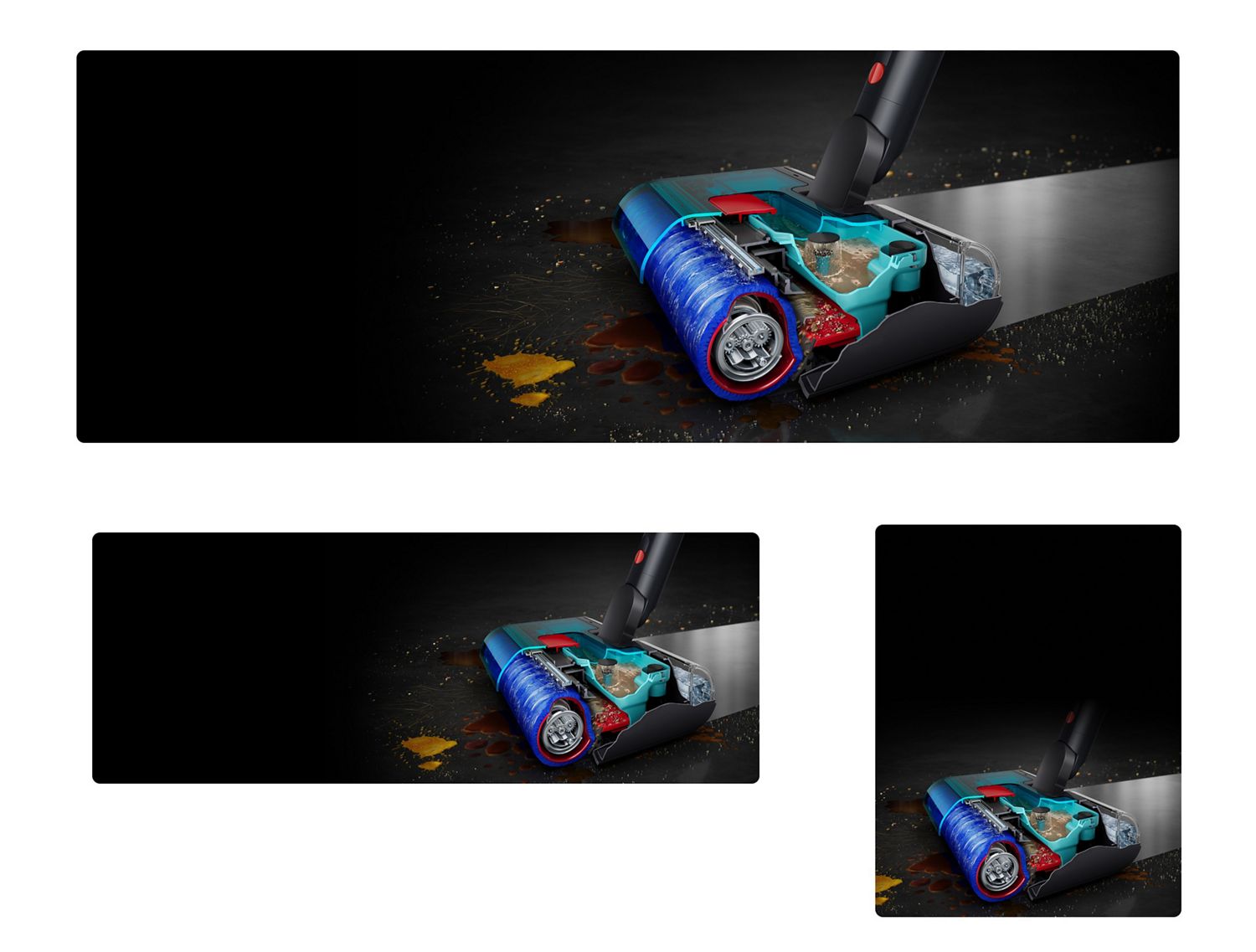 Cutaway shows the Dyson W1 PencilWash cleaning spills and stains with clean water.