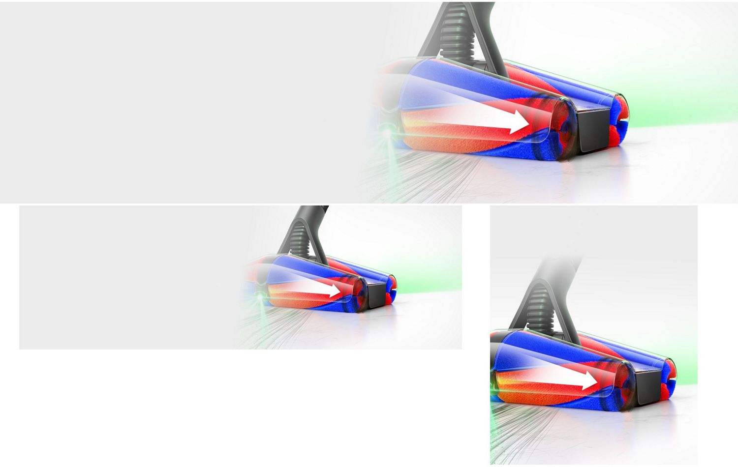 Close-up of the Dyson Fluffycones cleaner head showing the illumination and direction the hair travels when picked up.