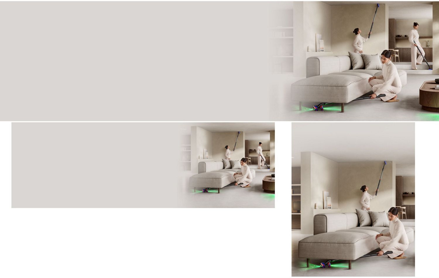 The Dyson PencilVac Fluffycones cleaner is used to clean under a low sofa.