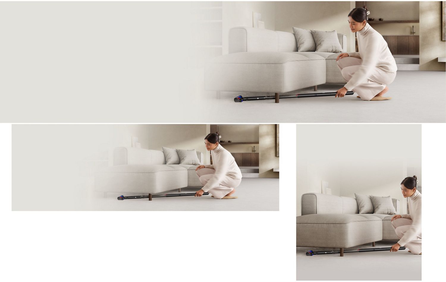 The Dyson PencilVac Fluffy cleaner is used to clean under a low sofa.