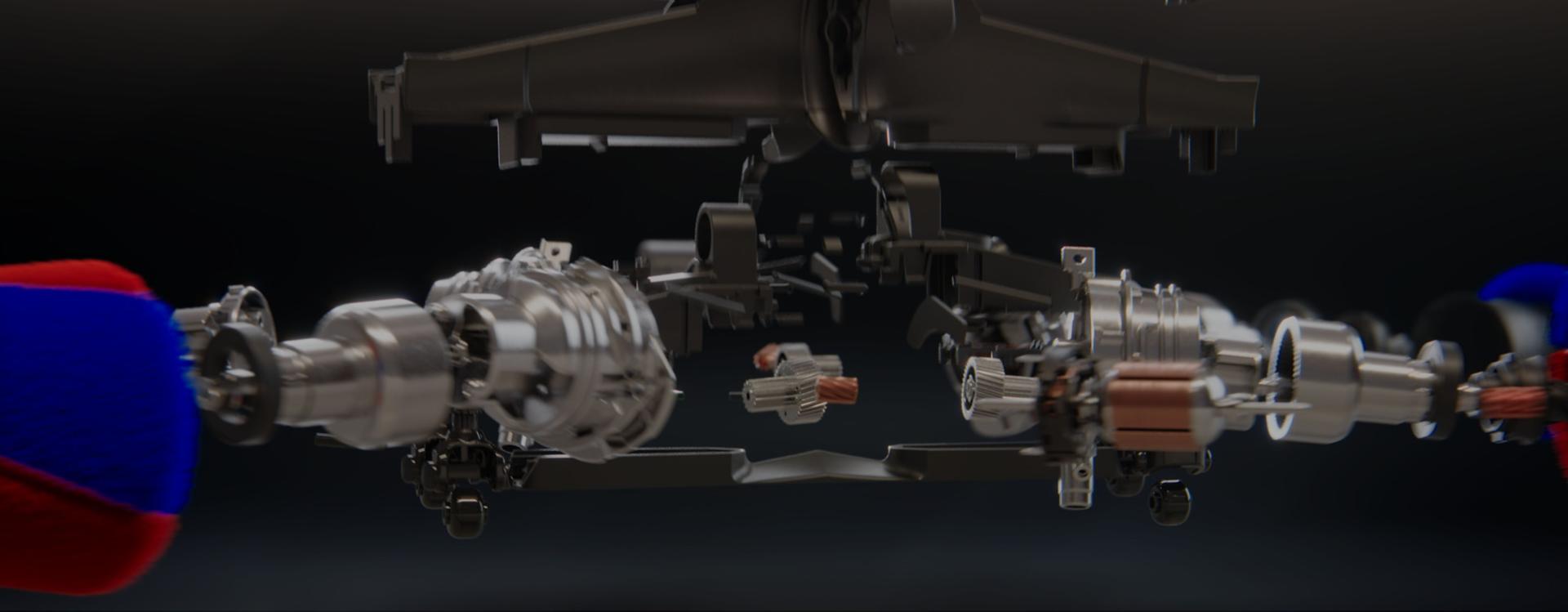 Exploded cutaway of Dyson Fluffycones cleaner head showing the technology within.