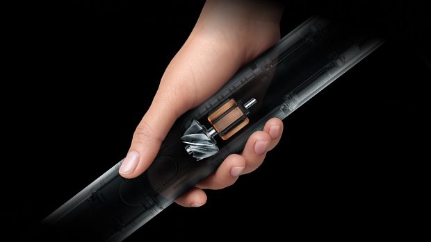Cutaway showing the motor within the Dyson PencilVac cleaner.